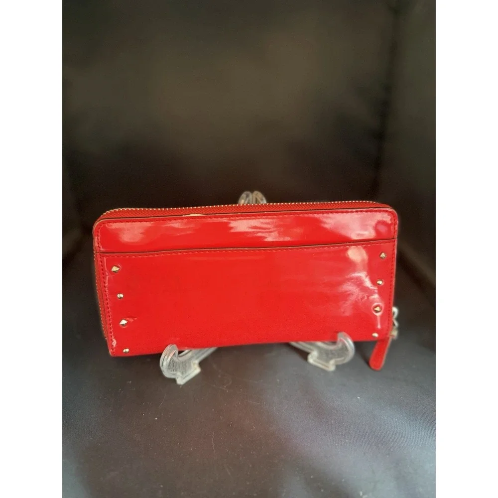 Coach Red Crimson Patent Leather Studded Zip-Around Wallet Glossy Silver